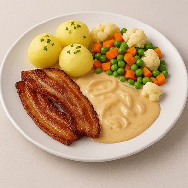 Stekt fläsk, löksås, potatis, blandade grönsaker