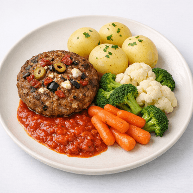 Grekiska färsbiffar, tomatsås, potatis, bukettgrönsaker