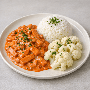Korv stroganoff, ris, blomkål