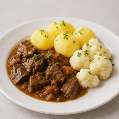 Kalops, potatis, blomkål