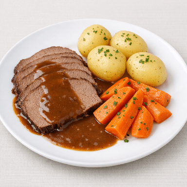 Slottsstek, sås, potatis, morotsklyftor