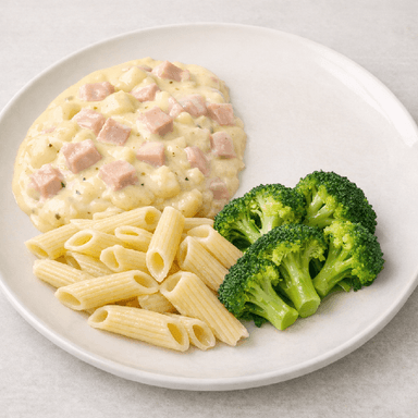 Ost- & skinksås, pasta, broccoli