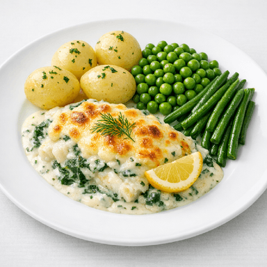 Fiskgratäng Florentine, potatis, gröna grönsaker