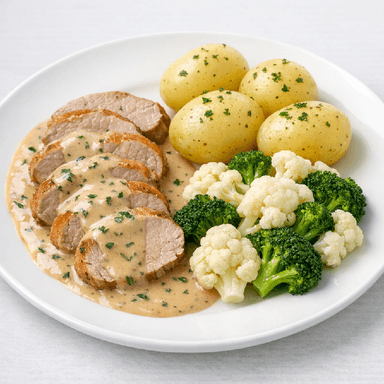 Fläskfilé, gräddsås med timjan, potatis, bukettgrönsaker