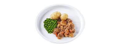 Fläskköttsgryta med apelsin, morötter och ingefära, potatis, vaxbönblandning. Fruktsallad, vispgrädde