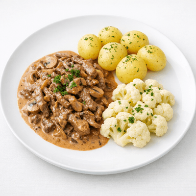 Biff stroganoff, potatis, blomkål