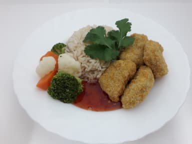 Ch*ckenbites med grynblandning, sweet chilisås och måltidstillbehör