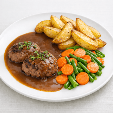 Lammfärsbiffar, gräddsås med timjan, klyftpotatis, blandade grönsaker