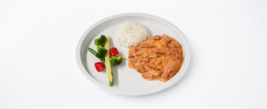 Korv stroganoff, jasminris, vaxbönblandning, Hallonsmoothie