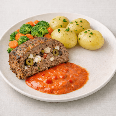 Grekisk ugnsfärs, paprikasås, potatis, blandade grönsaker