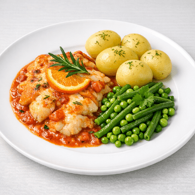 Spansk fiskgratäng, potatis, grön grönsaksblandning