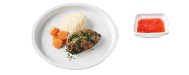 Kycklingfärsbiff med örtolja, potatis- och palsternacksmos, morötter, Fruktsallad