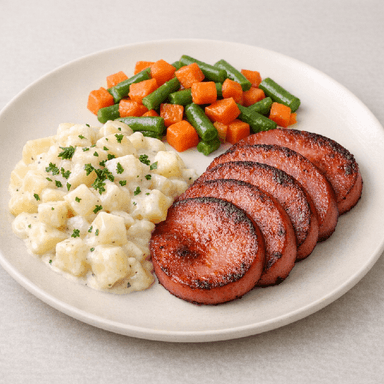Stekt falukorv, stuvad vitkål, potatis, sallad