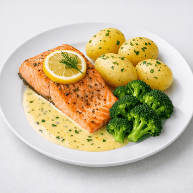 Ugnsstekt lax, citronsås, potatis, broccoli