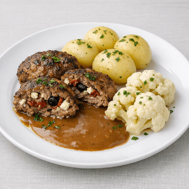Grekiska färsbiffar, sås, potatis, blomkål