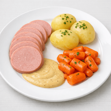 Köttkorv, senapssås, potatis, morötter