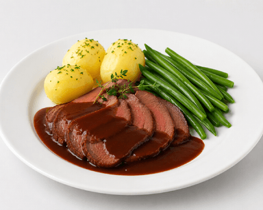 Nötstek, rödvinssås, potatis, haricots verts