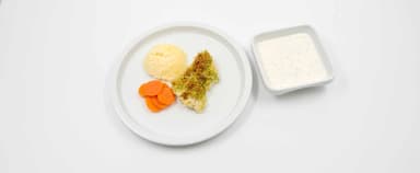 Fisk med örttäcke, potatismos, kall dillsås, morötter. Mango- och limemousse