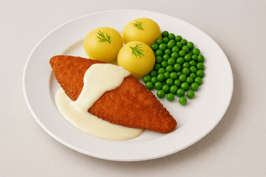 Stekt spätta, sås, potatis, ärter