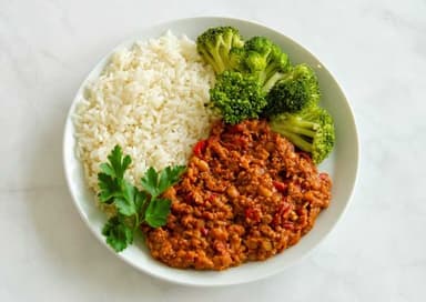 1. Specialkost Fettreducerad - Chili sin carne med ris och broccoli*