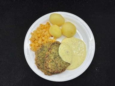 Lárperuborgari með brokkólí, kartöflum og raita-sósu. Grjónagrautur.