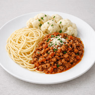 Köttfärssås, pasta, blomkål