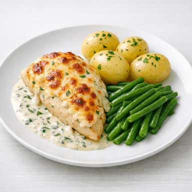 Dragonkyckling (gratäng), potatis, haricotsverts