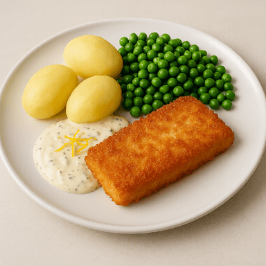 Stekt fisk, citronsås, potatis, ärtor