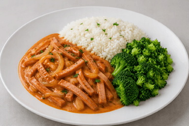 Korv stroganoff, ris, broccoli