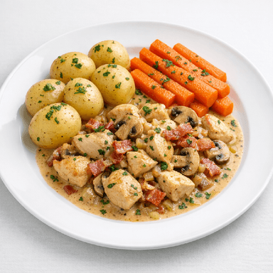 Kycklinggryta med svamp & bacon, potatis, morötter