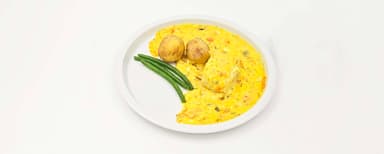 Fiskgryta med morot och purjolök, potatis, glacerade haricots verts, Jordgubbssmoothie