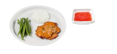 Gratinerad kassler med svamp och purjolök, jasminris, glacerade haricots verts, Bärkräm