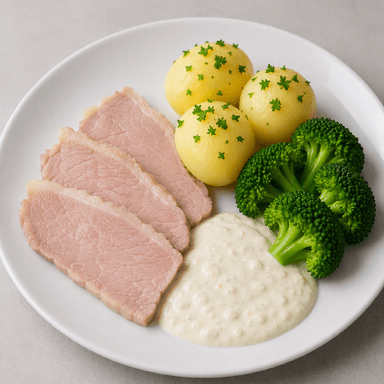 Kokt rimmad bog, pepparrotssås, potatis, broccoli