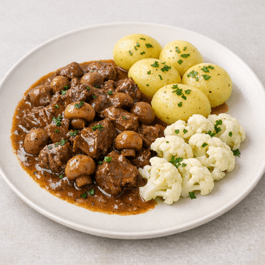 Vildsvinsgryta, potatis, blomkål
