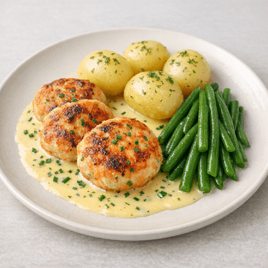 Havets wallenbergare, smörsås, potatis, gröna grönsaker