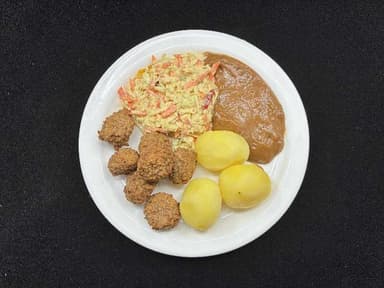 Hakkbollur með kartöflum, brúnni sósu og salati. Frönsk lauksúpa með brauði 