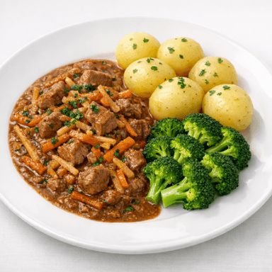 Husets köttgryta, potatis, bukettgrönsaker