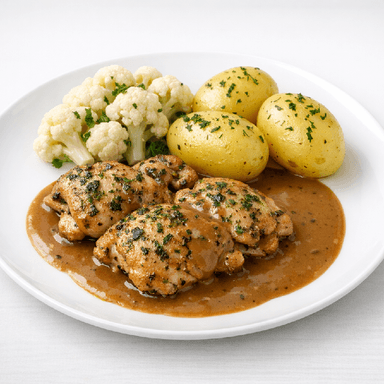 Örtbakad kyckling, brunsås, potatis, blomkål