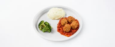 Sojabönsbollar, tomatsås, potatismos, broccoli, Aprikossmoothie