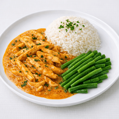 Kyckling i currysås, ris, haricotsverts