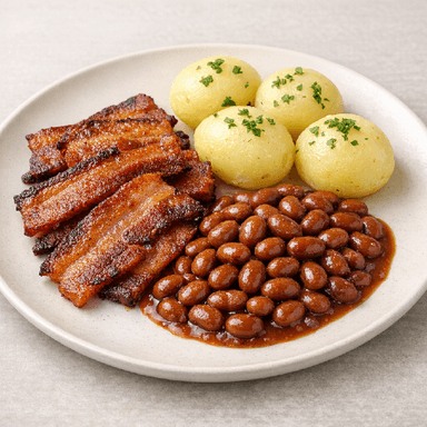 Stekt fläsk, bruna bönor, potatis