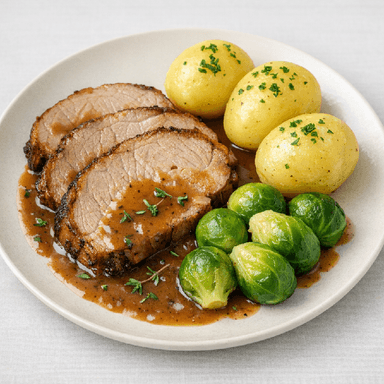 Plommonkarré, sås, potatis, bryssel