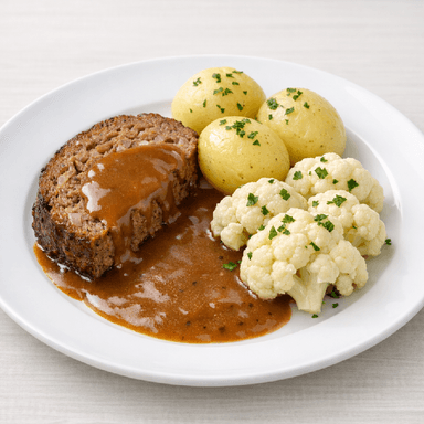 Köttfärslimpa, sås, potatis, blomkål