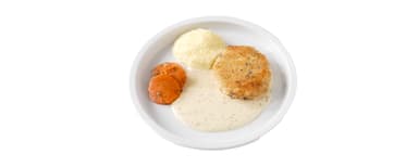 Fiskfärsbiff, citronsås med dill, potatismos, morötter med persilja, Bärkräm