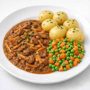 Fläskköttsgryta, potatis, sommargrönsaker