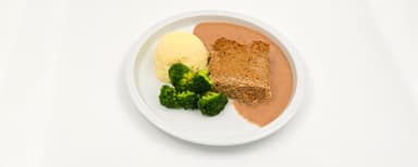 Ugnsfärs med kryddpeppar, gräddsås, potatismos, broccoli, rårörda lingon. Nyponsoppa, grädde