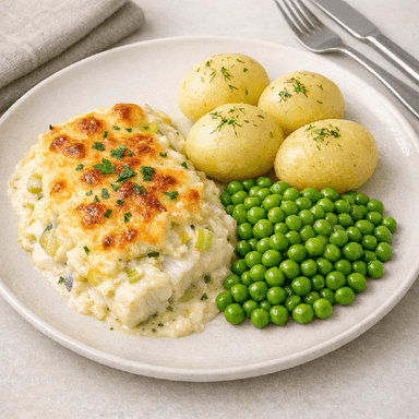 Fiskgratäng med pepparrot, potatis, ärter