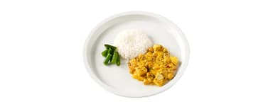 Tofugryta med kikärter, kokosmjölk och curry, jasminris, brytbönor. Morotskaka