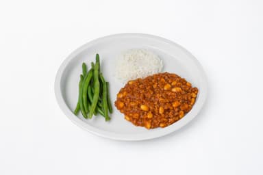 Chili con carne, jasminris, brytbönor. Hallonsmoothie
