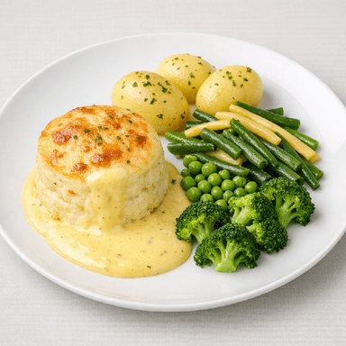 Fisksufflé, smörsås, potatis, gröna grönsaker